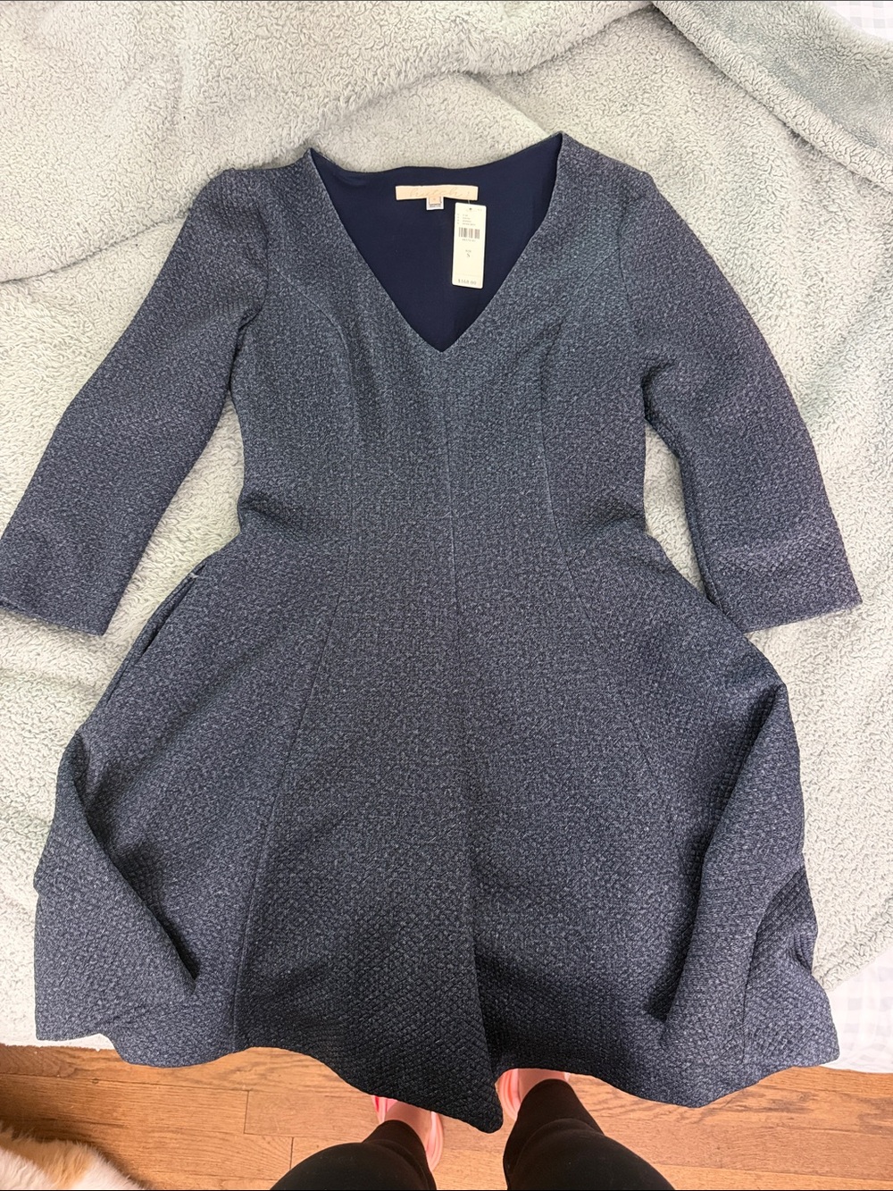 Hutch Textured V-Neck Fit & Flare Dress in Navy